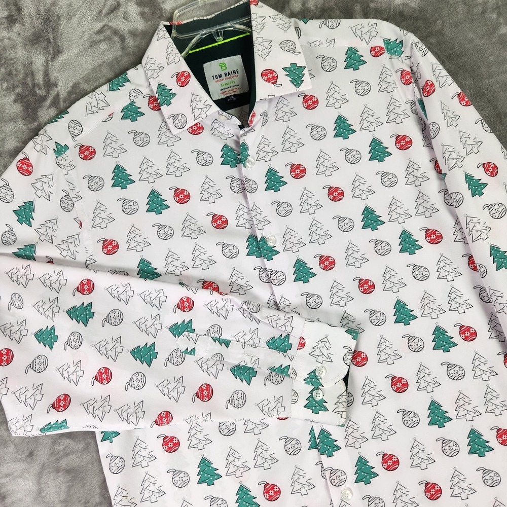 Tom Baine Shirt Mens XL White Christmas Tree Pint Slim‎ Fit Performance Holiday
